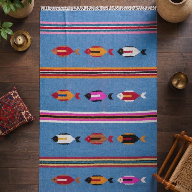 Turkish Kilim 4×6, Tree of Life Fish Design, Handmade Wool Bohemian Flatweave Accent Rug