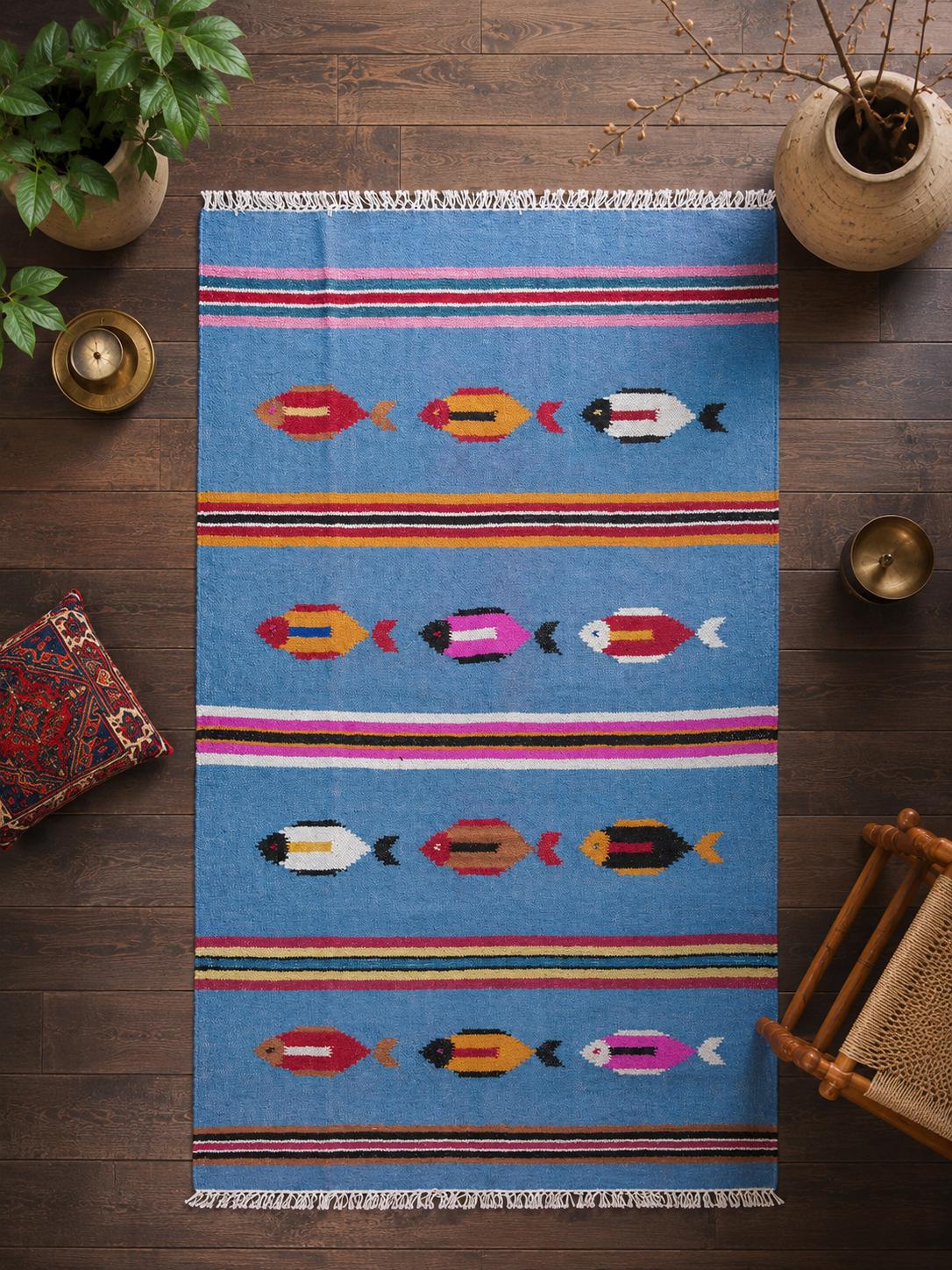 Turkish Kilim 4×6, Tree of Life Fish Design, Handmade Wool Bohemian Flatweave Accent Rug