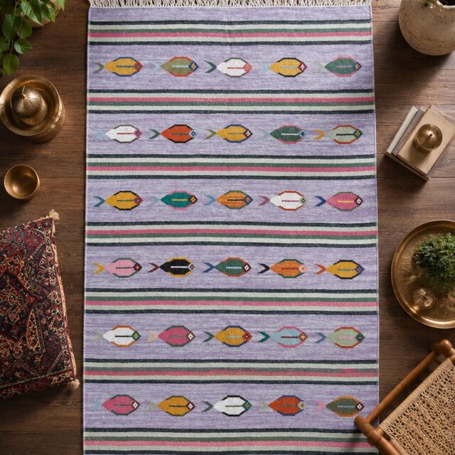 Modern Anatolian Kilim 6×9, Flatweave Wool Fish Design, Handmade Geometric Boho Area Rug