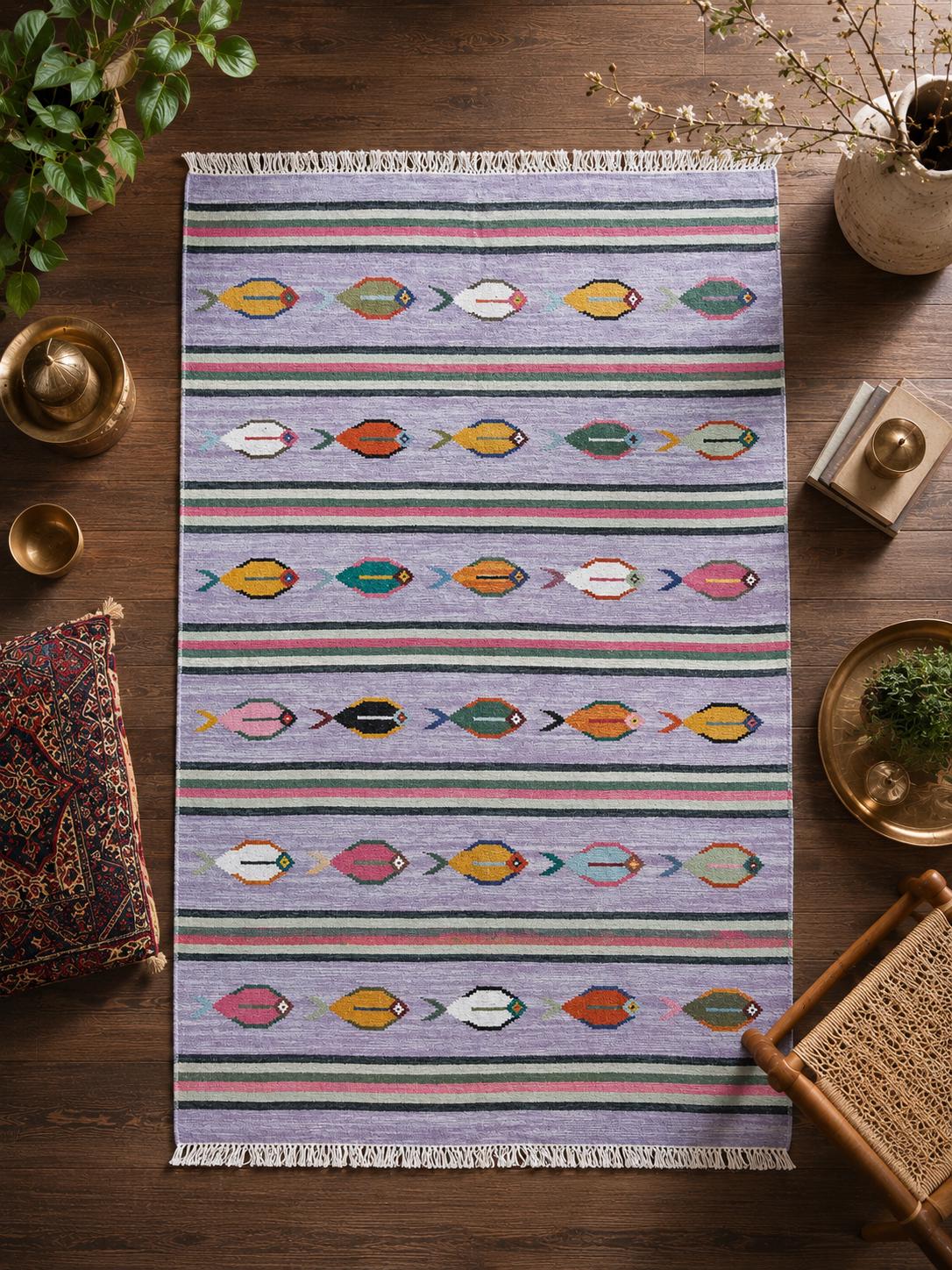 Modern Anatolian Kilim 6×9, Flatweave Wool Fish Design, Handmade Geometric Boho Area Rug