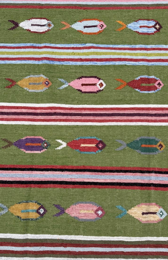 6×9 ft Handwoven Kilim Rug: Wool Geometric Flatweave Fish Design