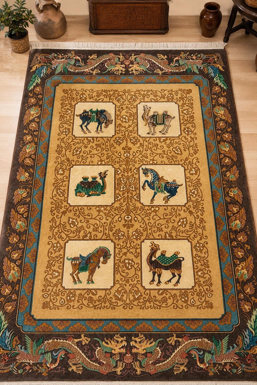 Vintage Chinese Pictorial Rug 6×10 Hand Knotted Wool Oriental Carpet Dragon Border