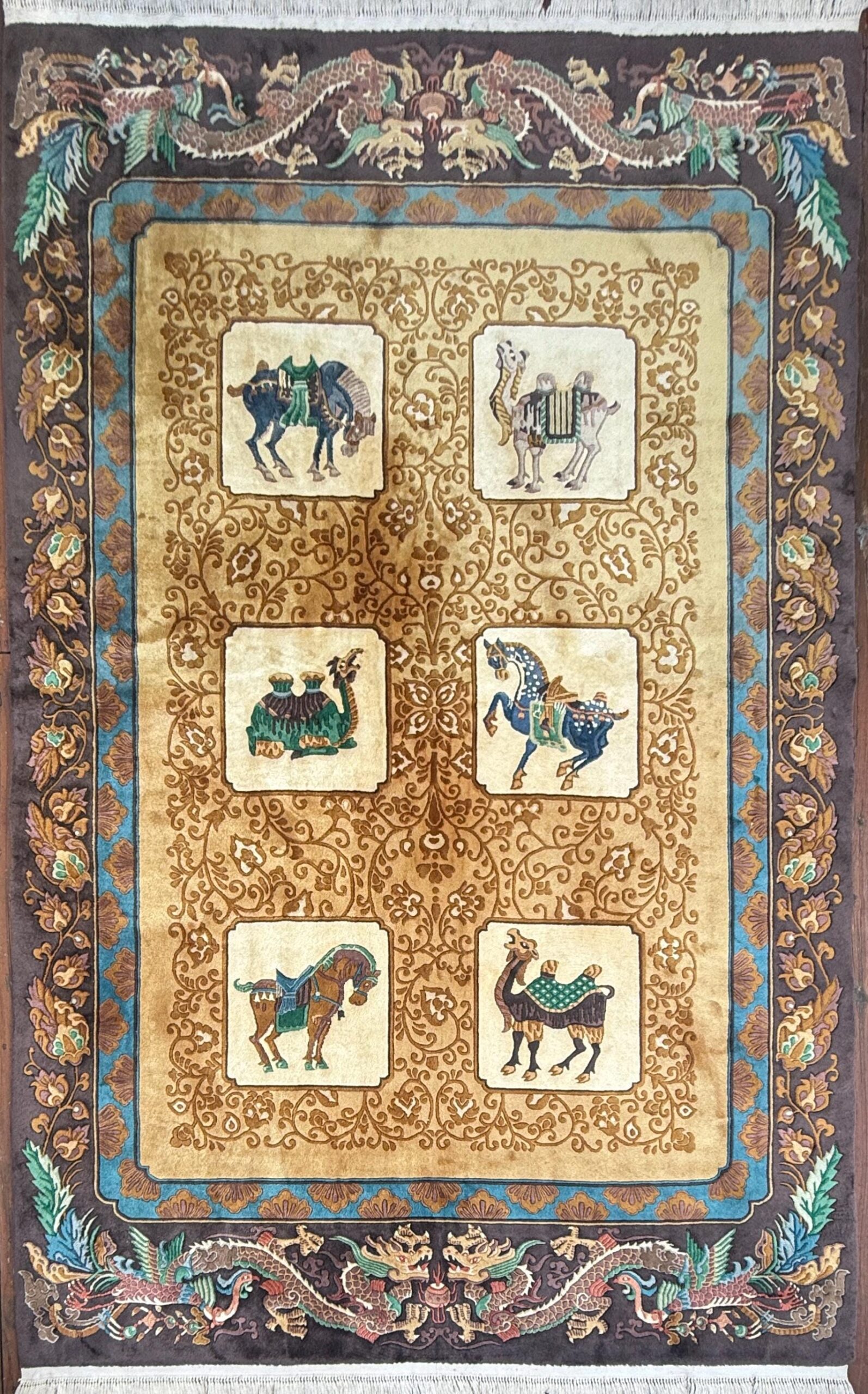 Vintage Chinese Pictorial Rug 6×10 Hand Knotted Wool Oriental Carpet Dragon Border