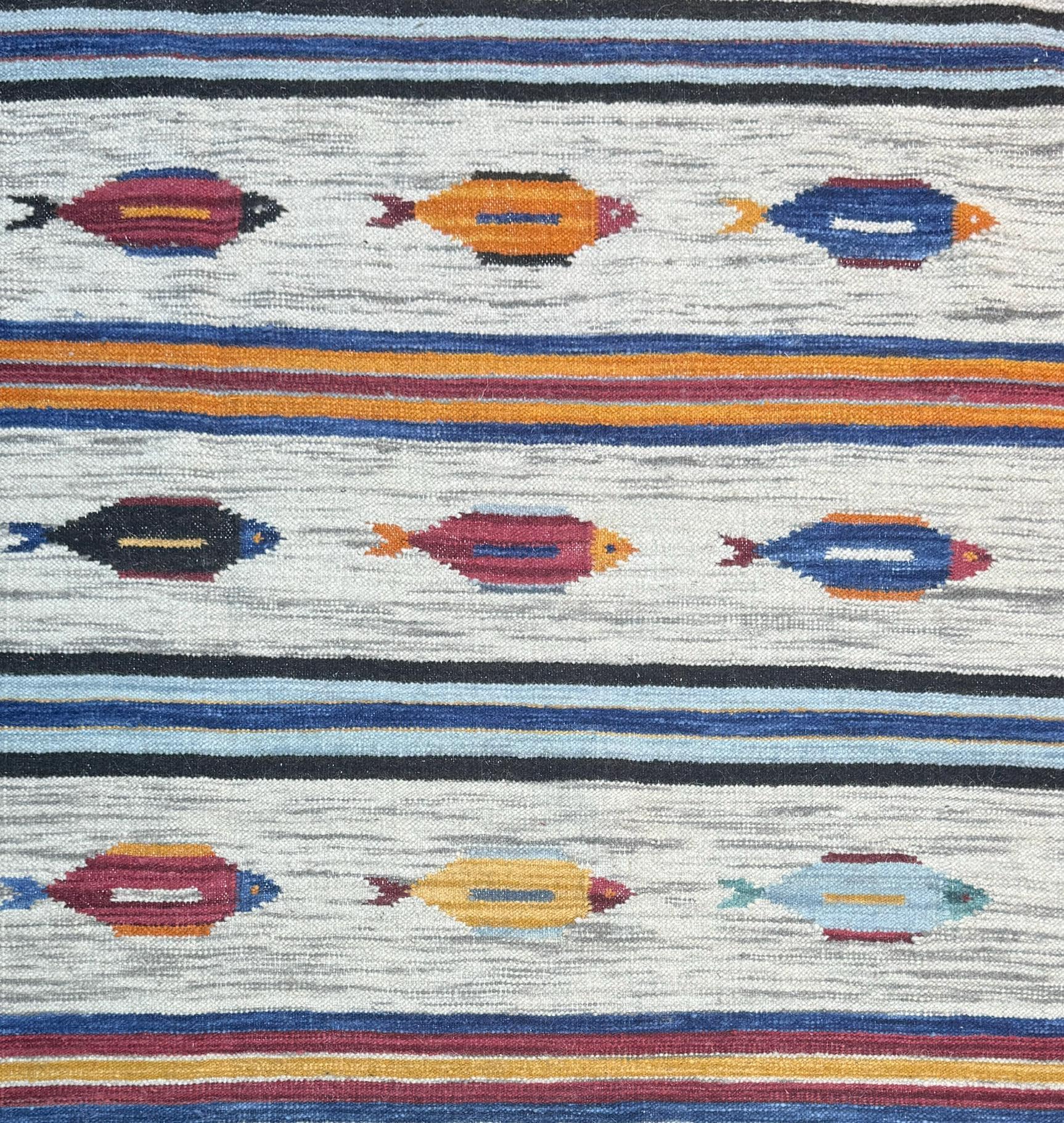 Turkish Kilim 4×6, Tree of Life Fish Design, Handmade Wool Bohemian Flatweave Accent Rug