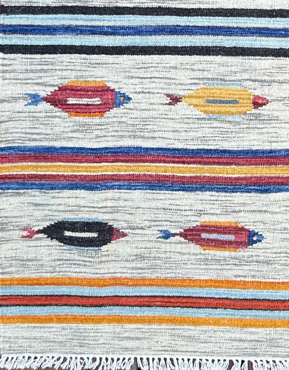 Turkish Kilim 4×6, Tree of Life Fish Design, Handmade Wool Bohemian Flatweave Accent Rug