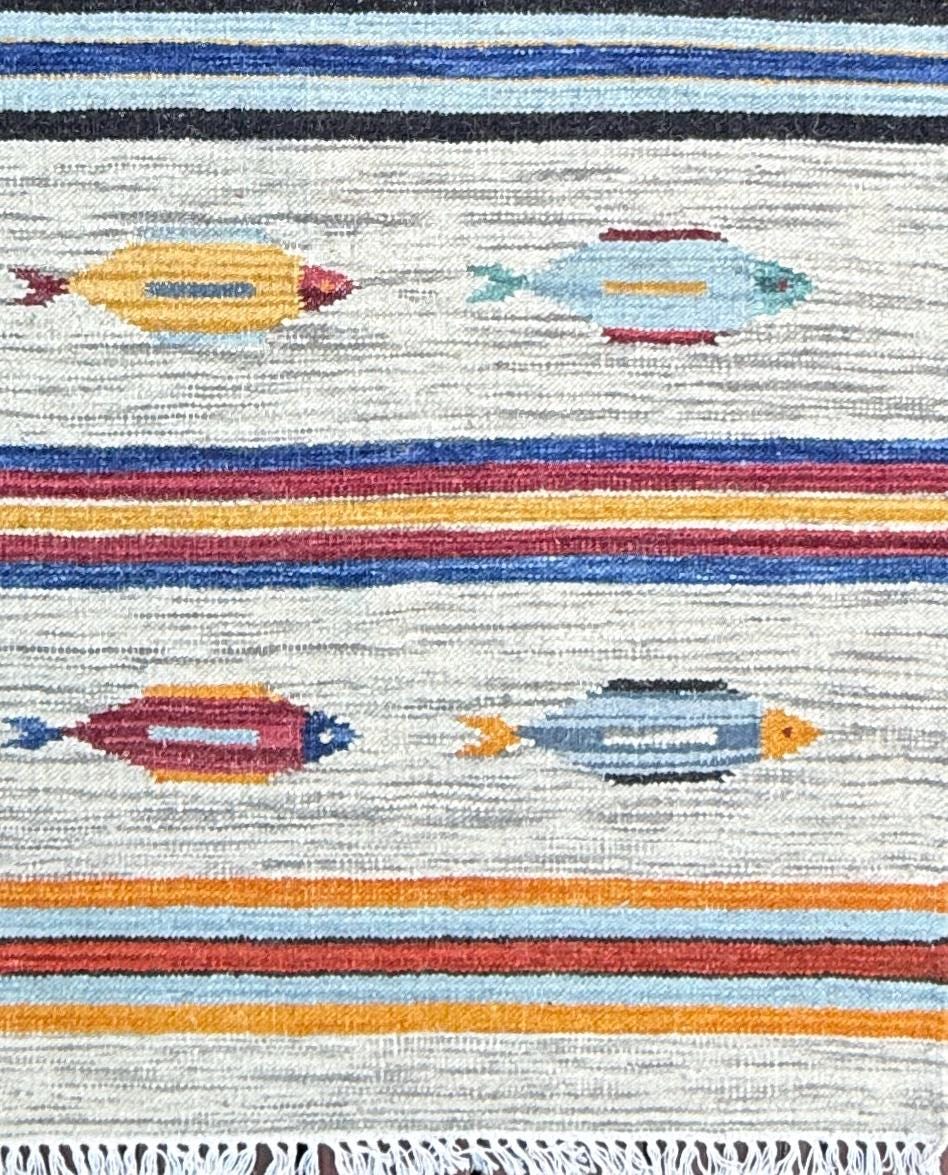 Turkish Kilim 4×6, Tree of Life Fish Design, Handmade Wool Bohemian Flatweave Accent Rug