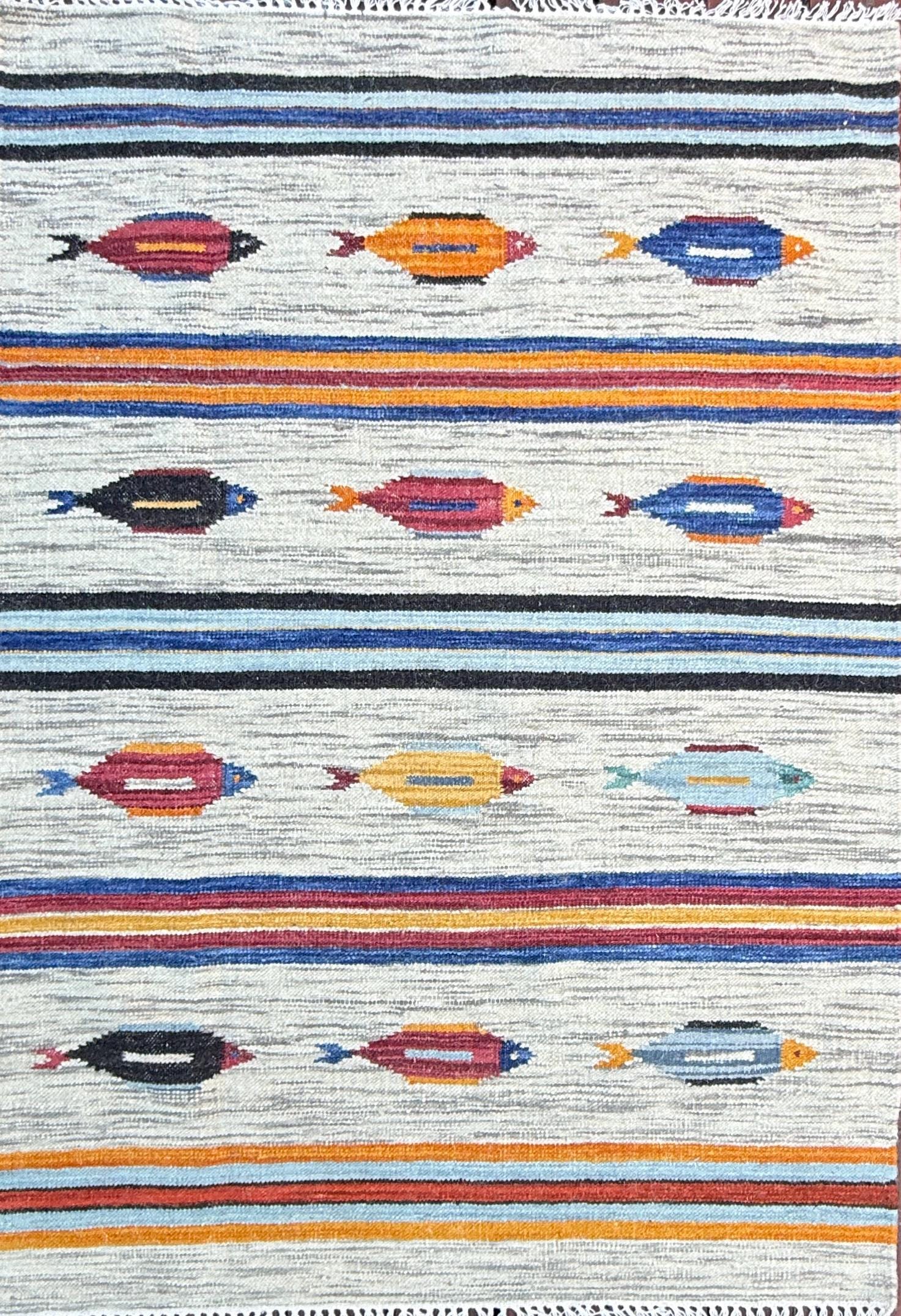 Turkish Kilim 4×6, Tree of Life Fish Design, Handmade Wool Bohemian Flatweave Accent Rug