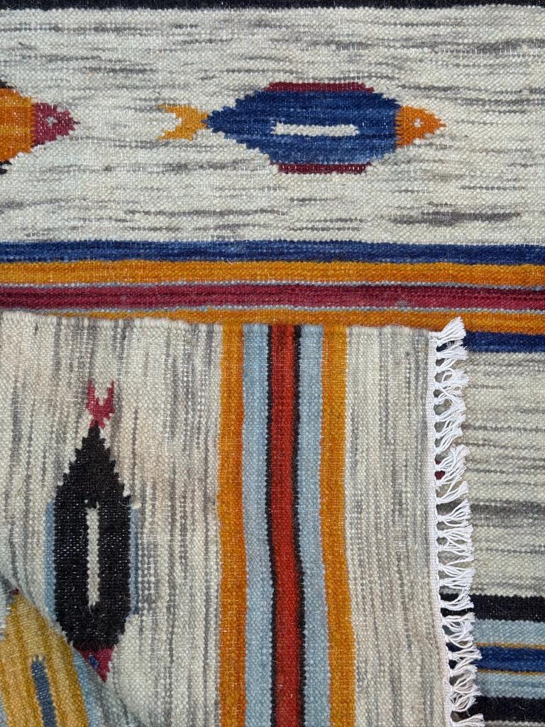 Turkish Kilim 4×6, Tree of Life Fish Design, Handmade Wool Bohemian Flatweave Accent Rug