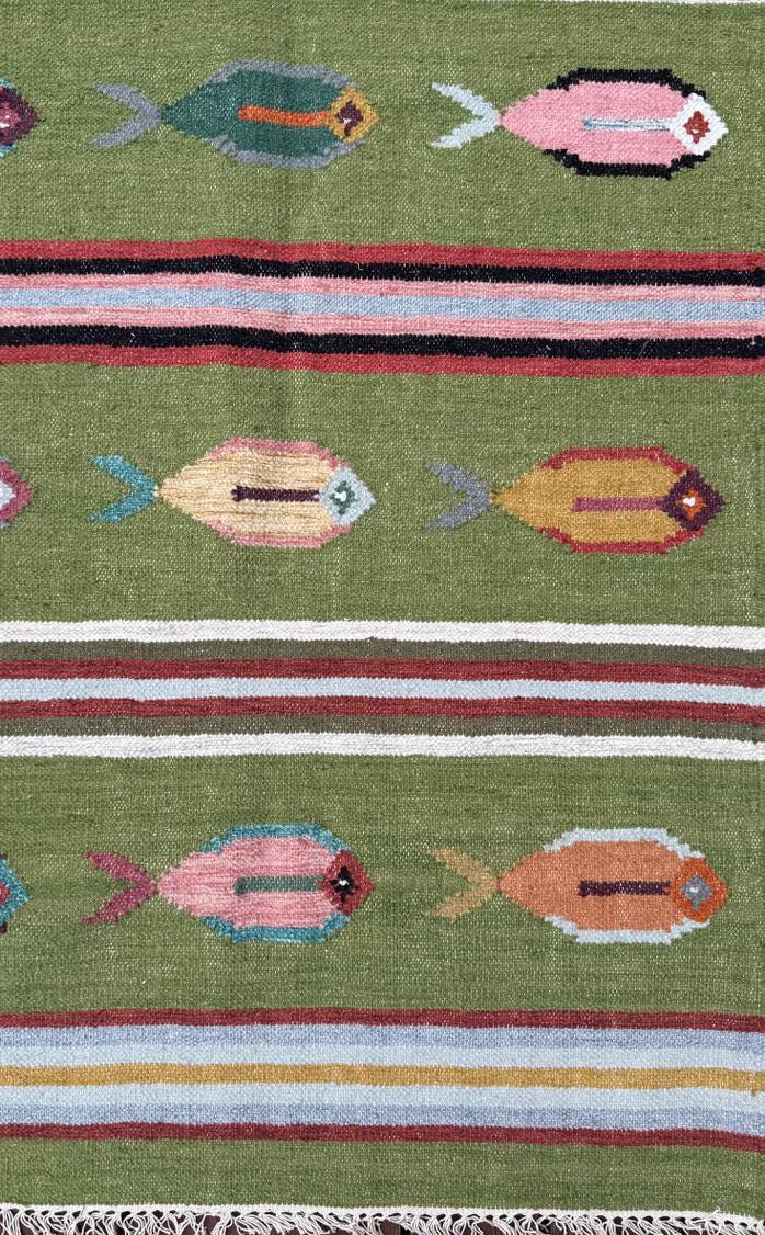 6×9 ft Handwoven Kilim Rug: Wool Geometric Flatweave Fish Design