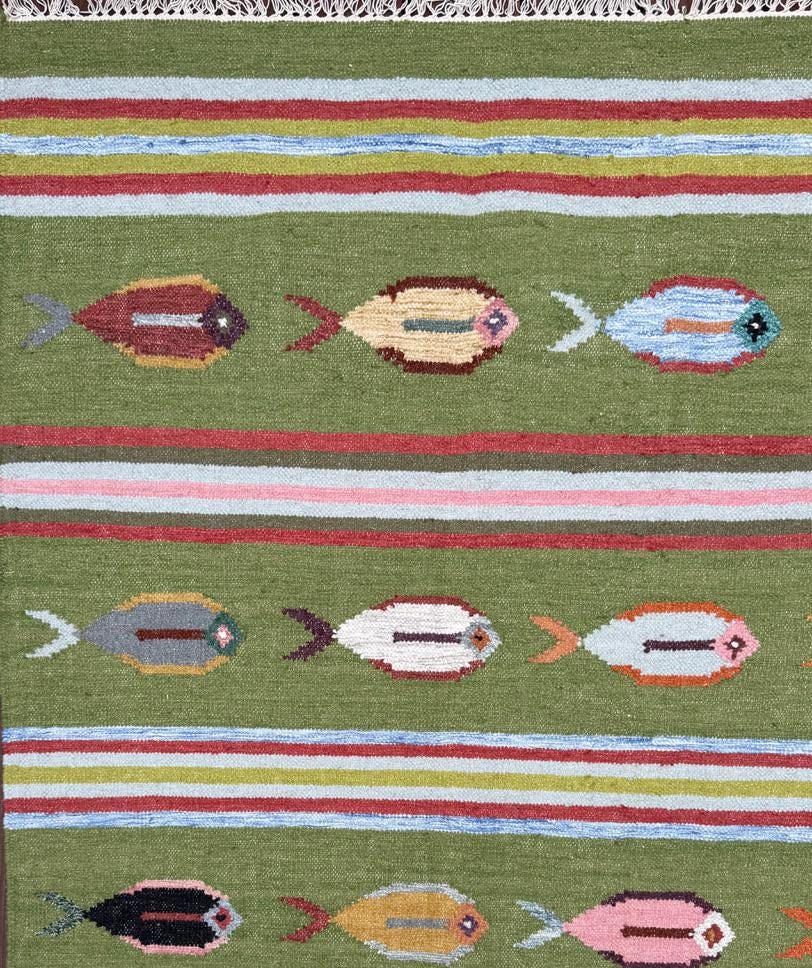 6×9 ft Handwoven Kilim Rug: Wool Geometric Flatweave Fish Design