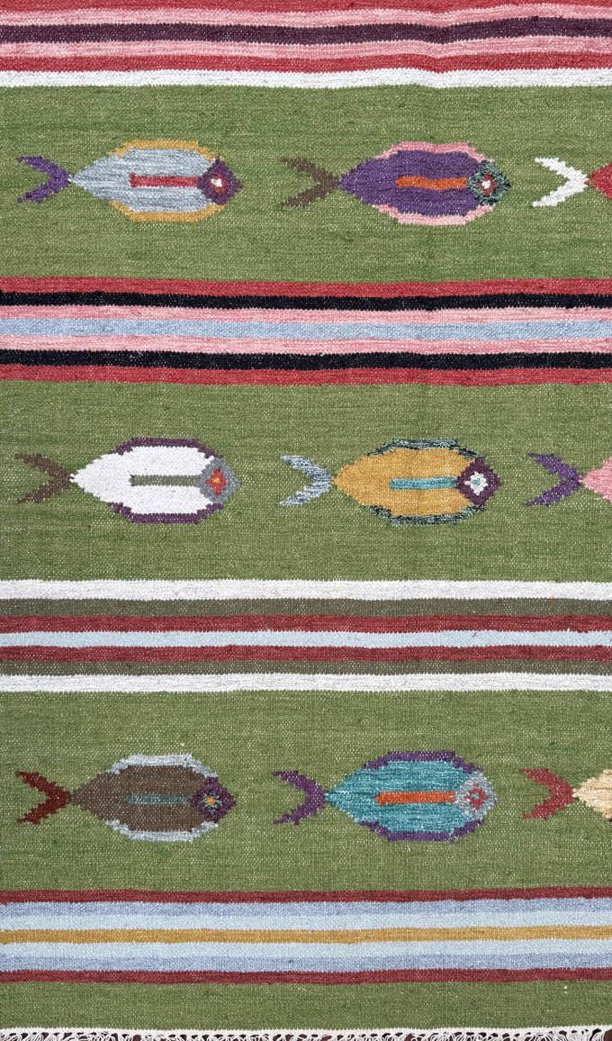 6×9 ft Handwoven Kilim Rug: Wool Geometric Flatweave Fish Design